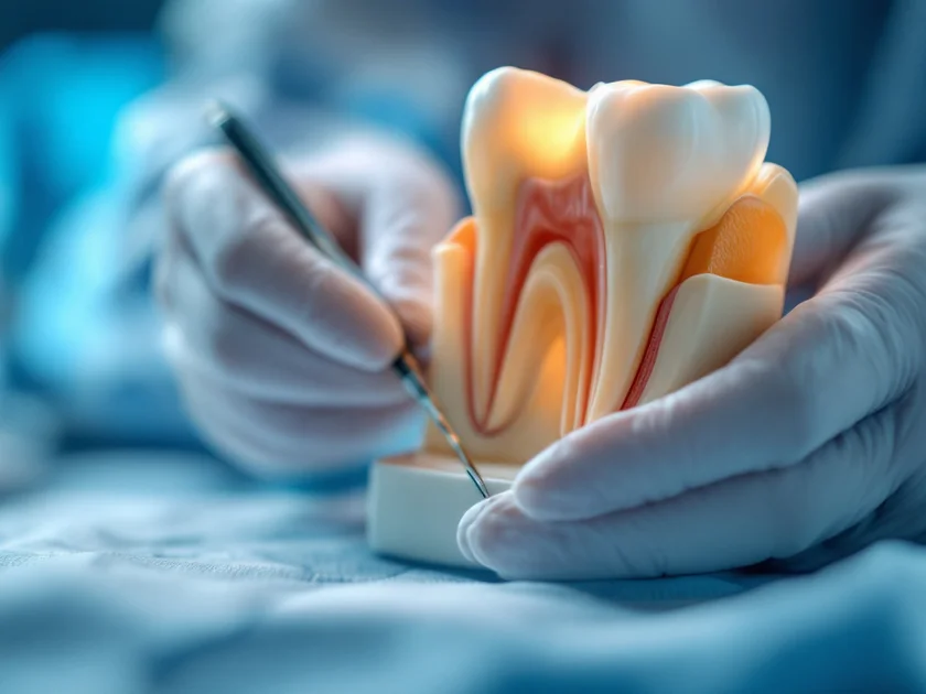 Mâini ale unui profesionist dentar cu mănuși care țin un instrument pentru canal radicular lângă un model dentar.
