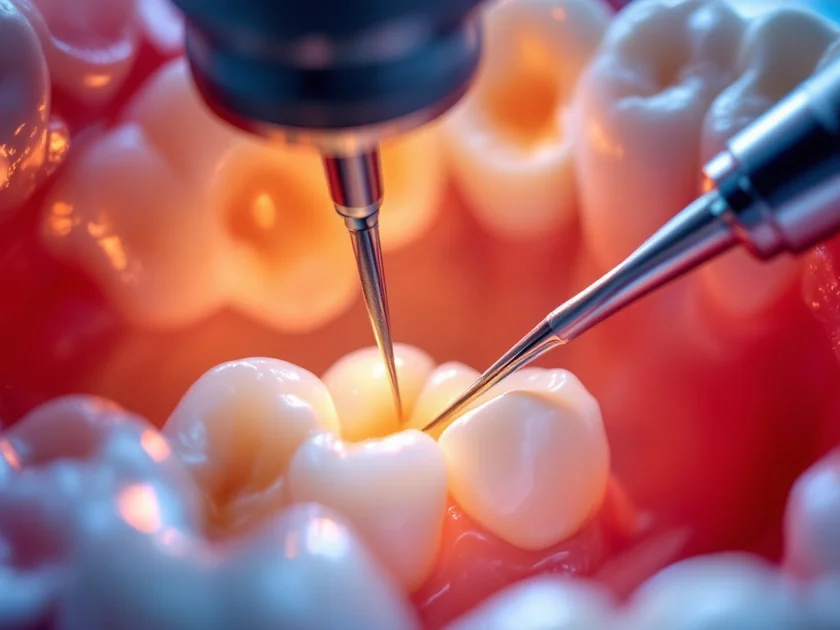 Detaliu mărit al canalului radicular iluminat și instrumente endodontice de precizie în timpul tratamentului.